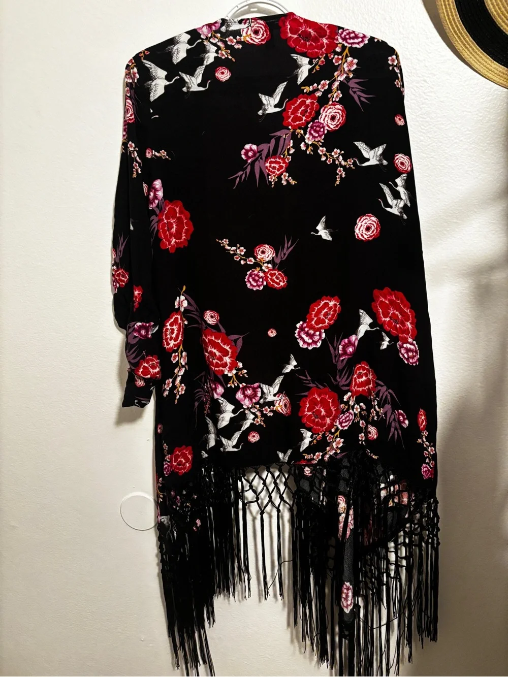 torrid Black Floral Fringe Open-Front Kimono
